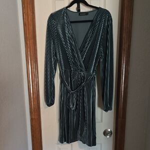 Daily Ritual Olive Green Velvet Wrap Dress with Tie Waist